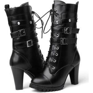 Women's Black Susanny High Heel Platform Lace Up Mid Calf Boots